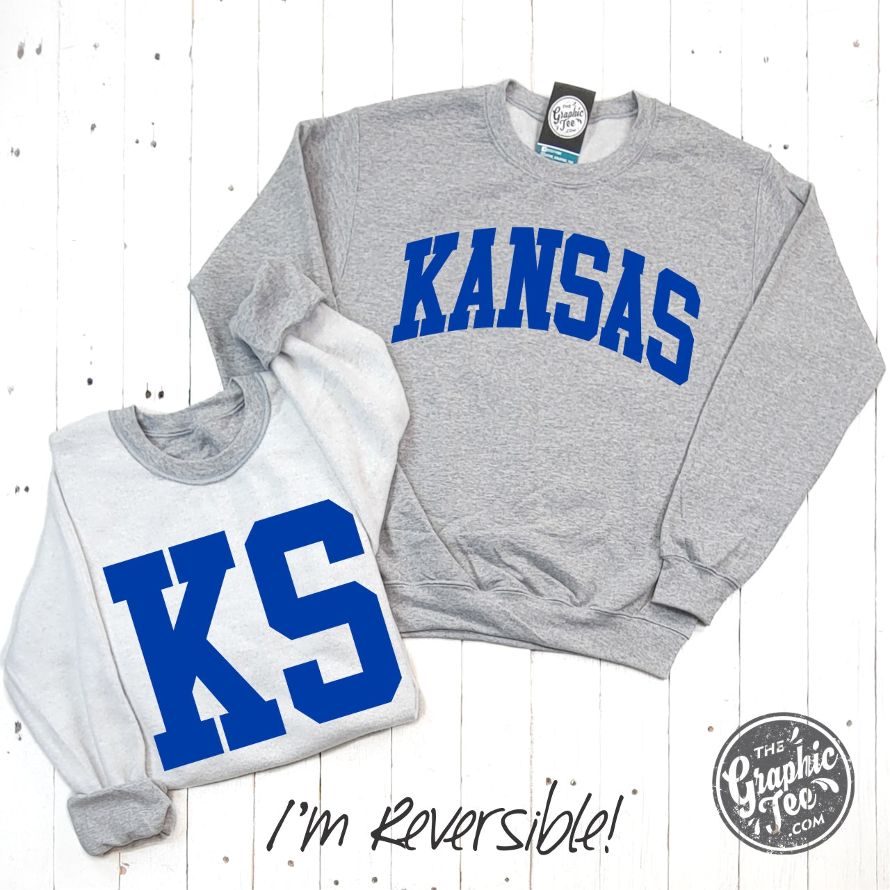 Kansas Blue Print Reversible Sport Grey Crewneck Sweatshirt