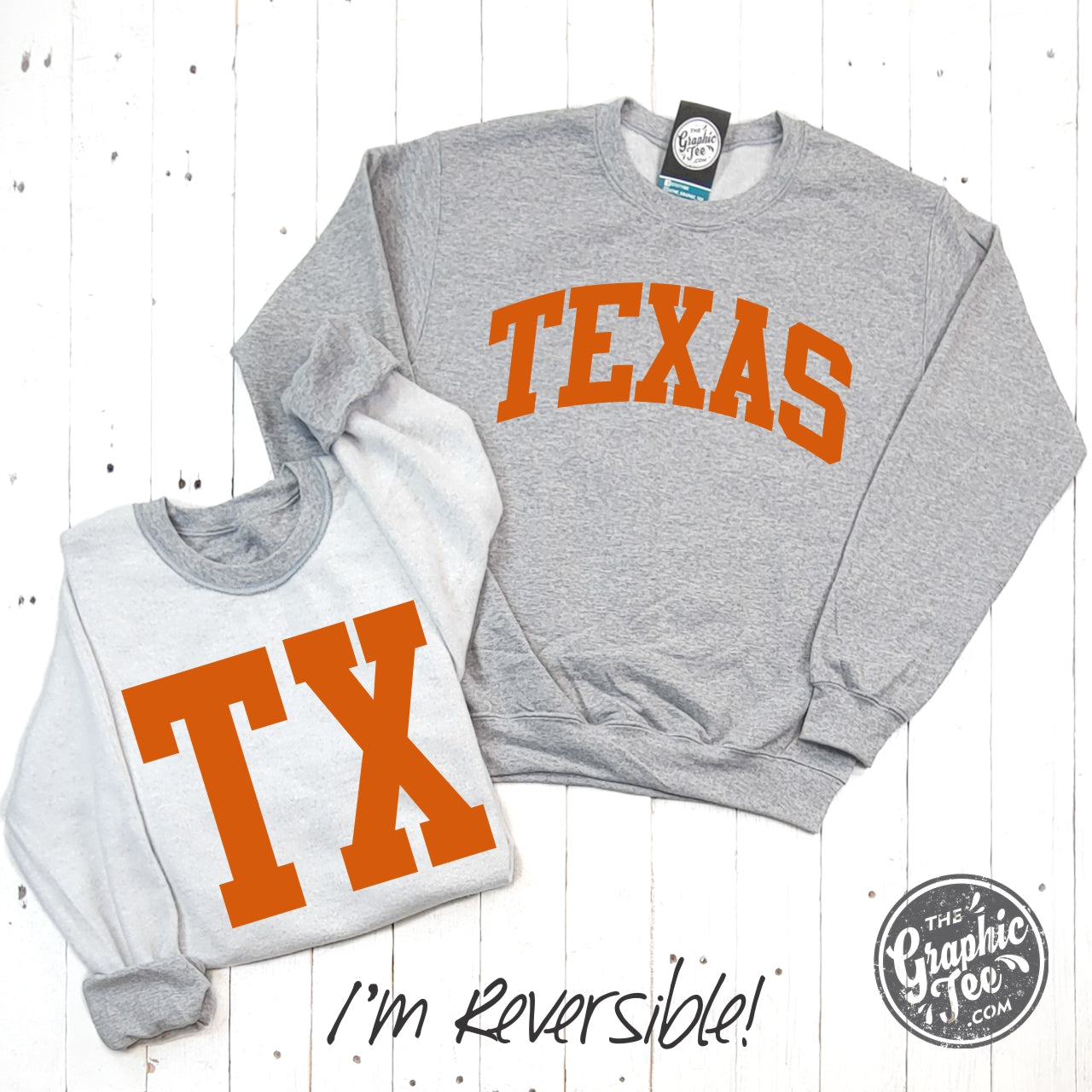 Texas Burnt Orange Print Reversible Sport Grey Crewneck Sweatshirt