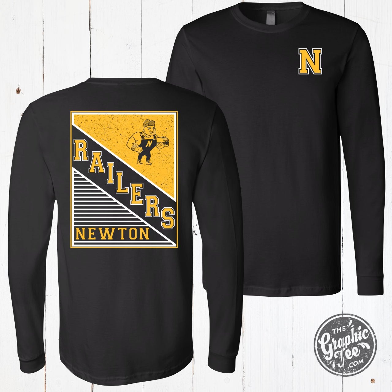 Adult Newton Railers Rectangular With Railer Man Black Long Sleeve Crewneck Tee - The Graphic Tee