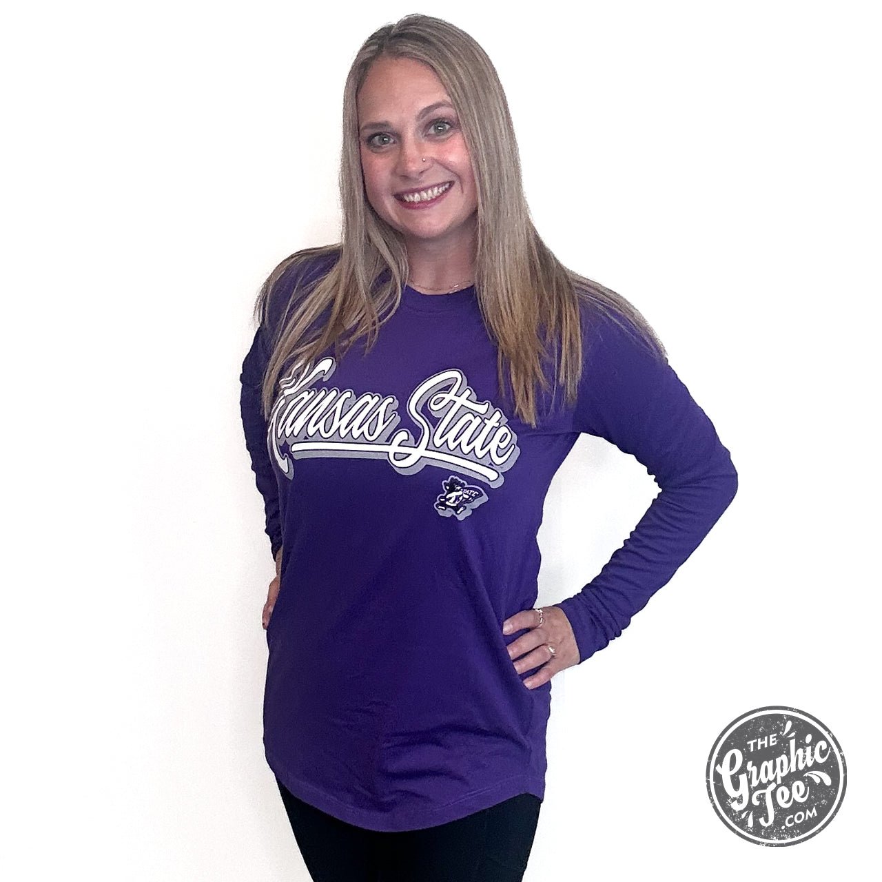 Alley Kansas State Long Sleeve Crew Neck Rounded Bottom Jersey Top Licensed Apparel - The Graphic Tee