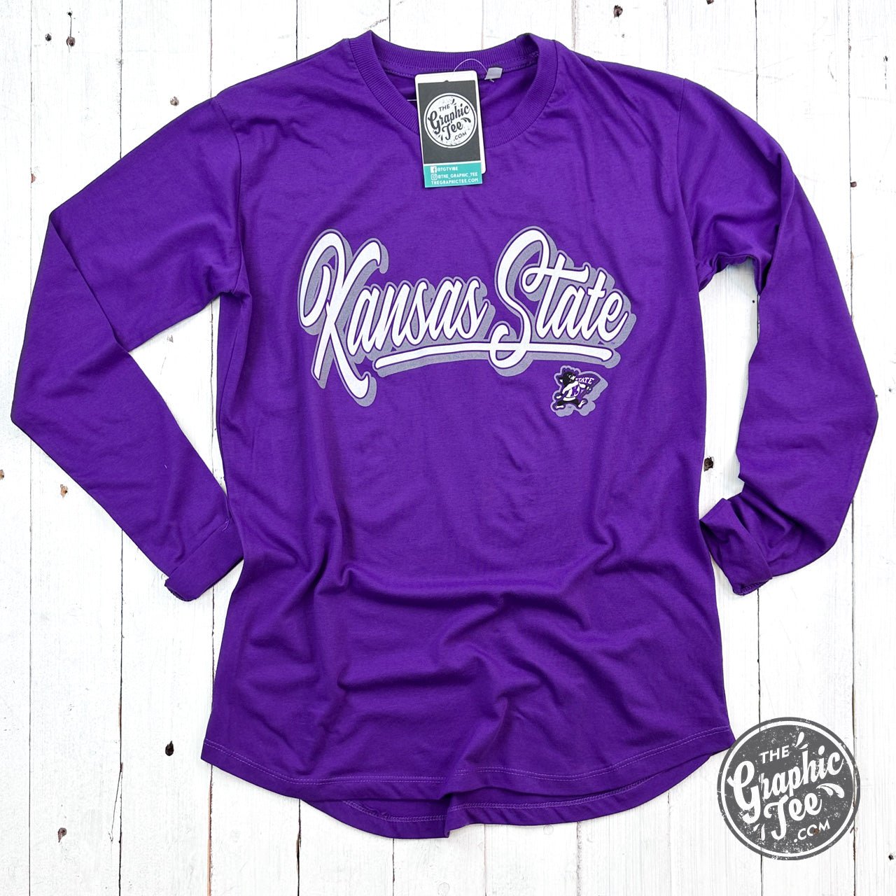 Alley Kansas State Long Sleeve Crew Neck Rounded Bottom Jersey Top Licensed Apparel - The Graphic Tee
