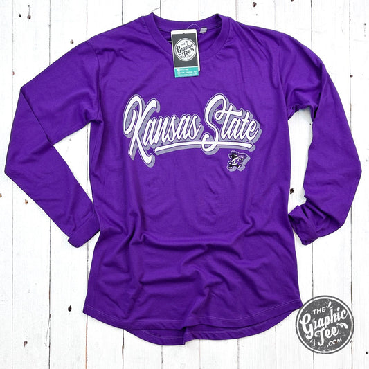 Alley Kansas State Long Sleeve Crew Neck Rounded Bottom Jersey Top Licensed Apparel - The Graphic Tee