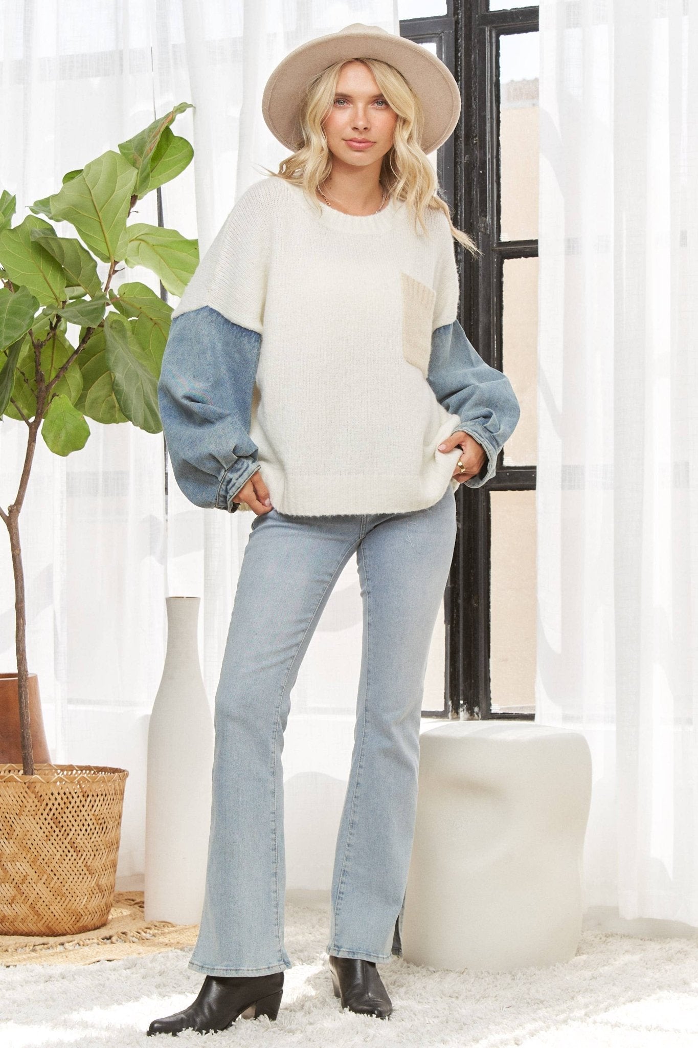Bella Ivory Knit Sweater with Denim Sleeves - The Graphic Tee