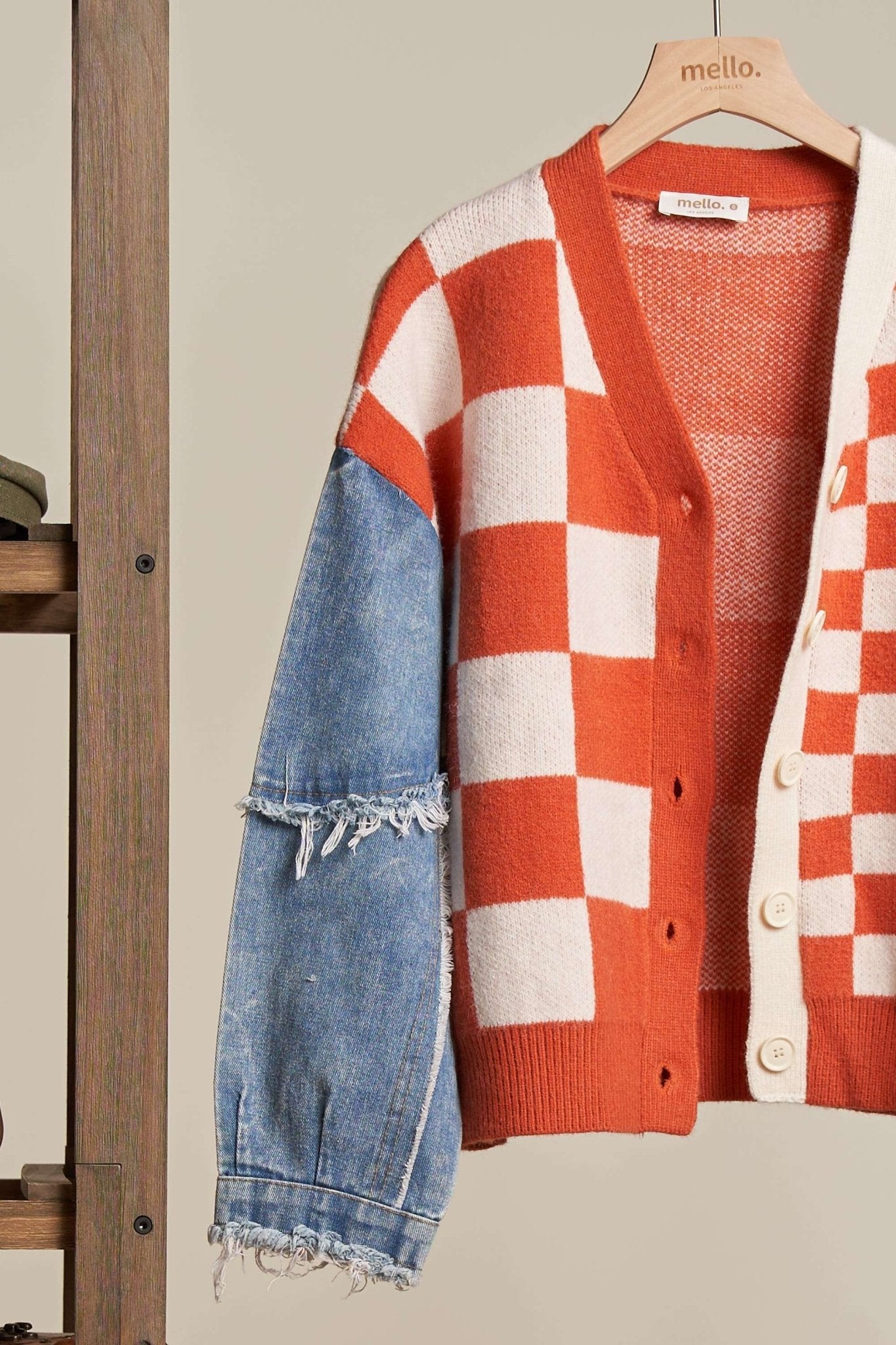 Checker Plaid Cardigan With Frayed Denim Sleeve - The Graphic Tee