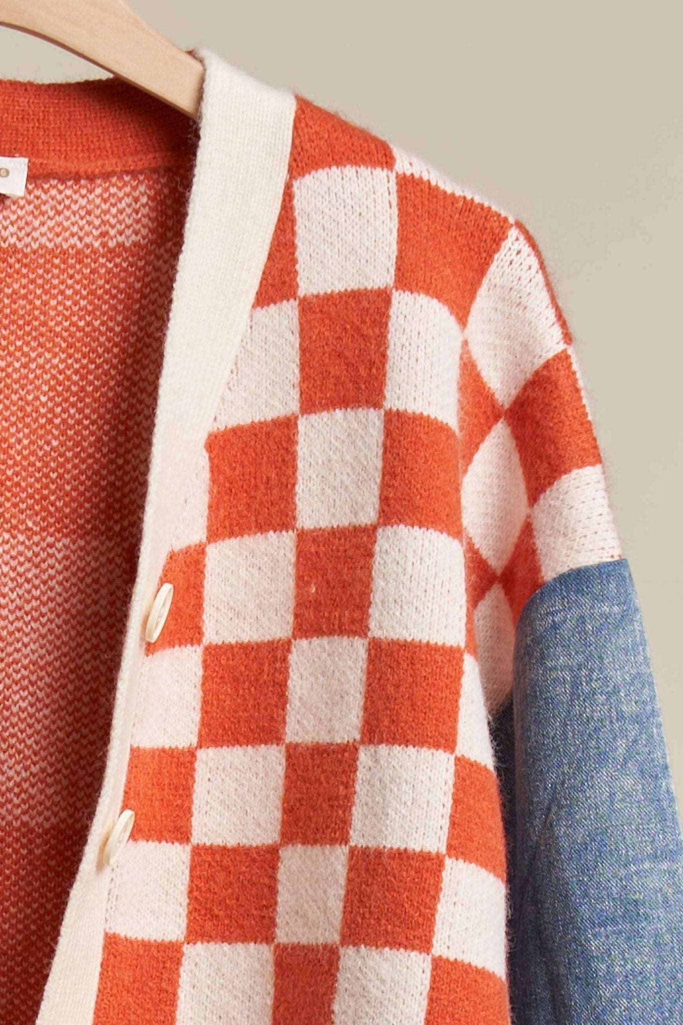 Checker Plaid Cardigan With Frayed Denim Sleeve - The Graphic Tee