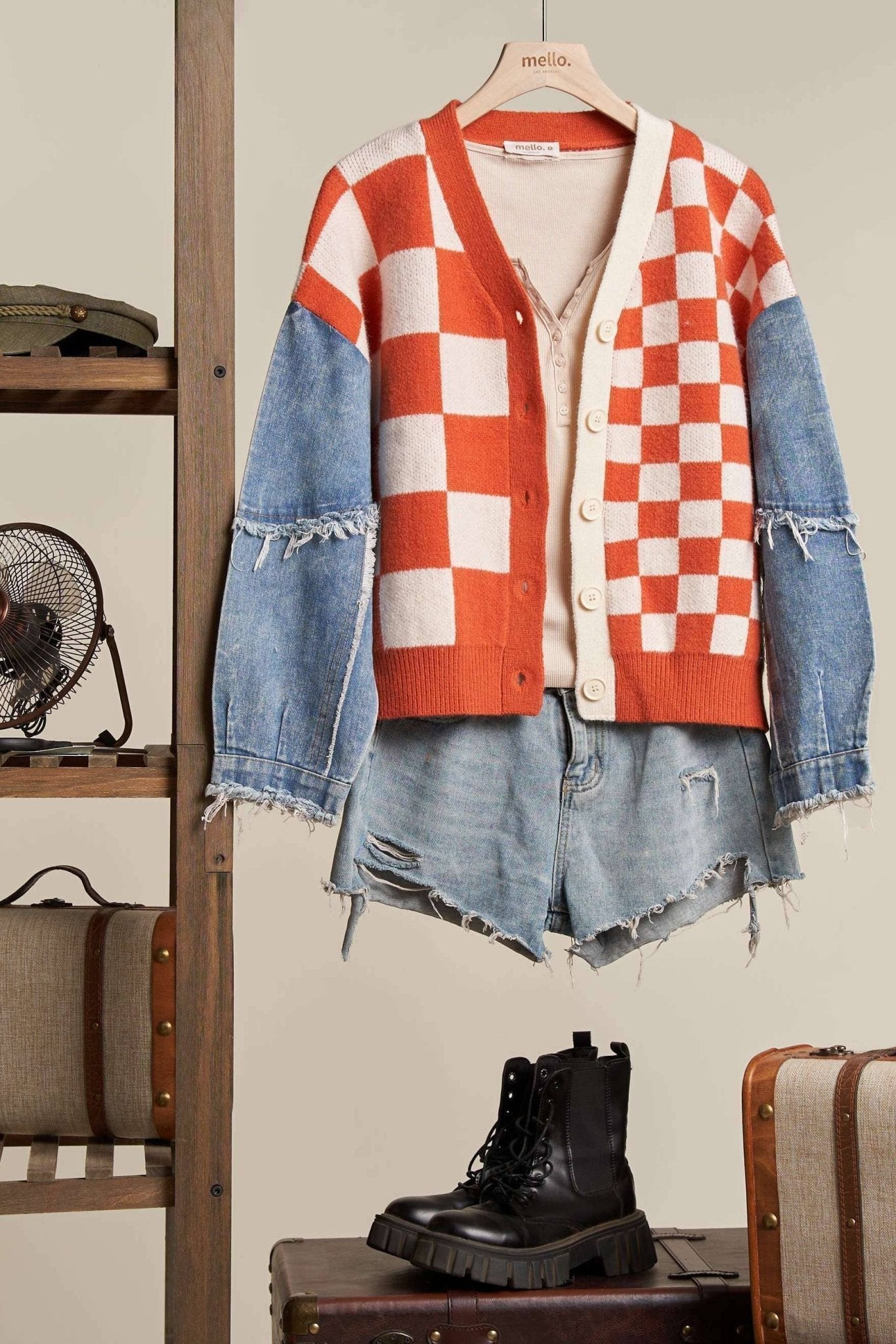 Checker Plaid Cardigan With Frayed Denim Sleeve - The Graphic Tee