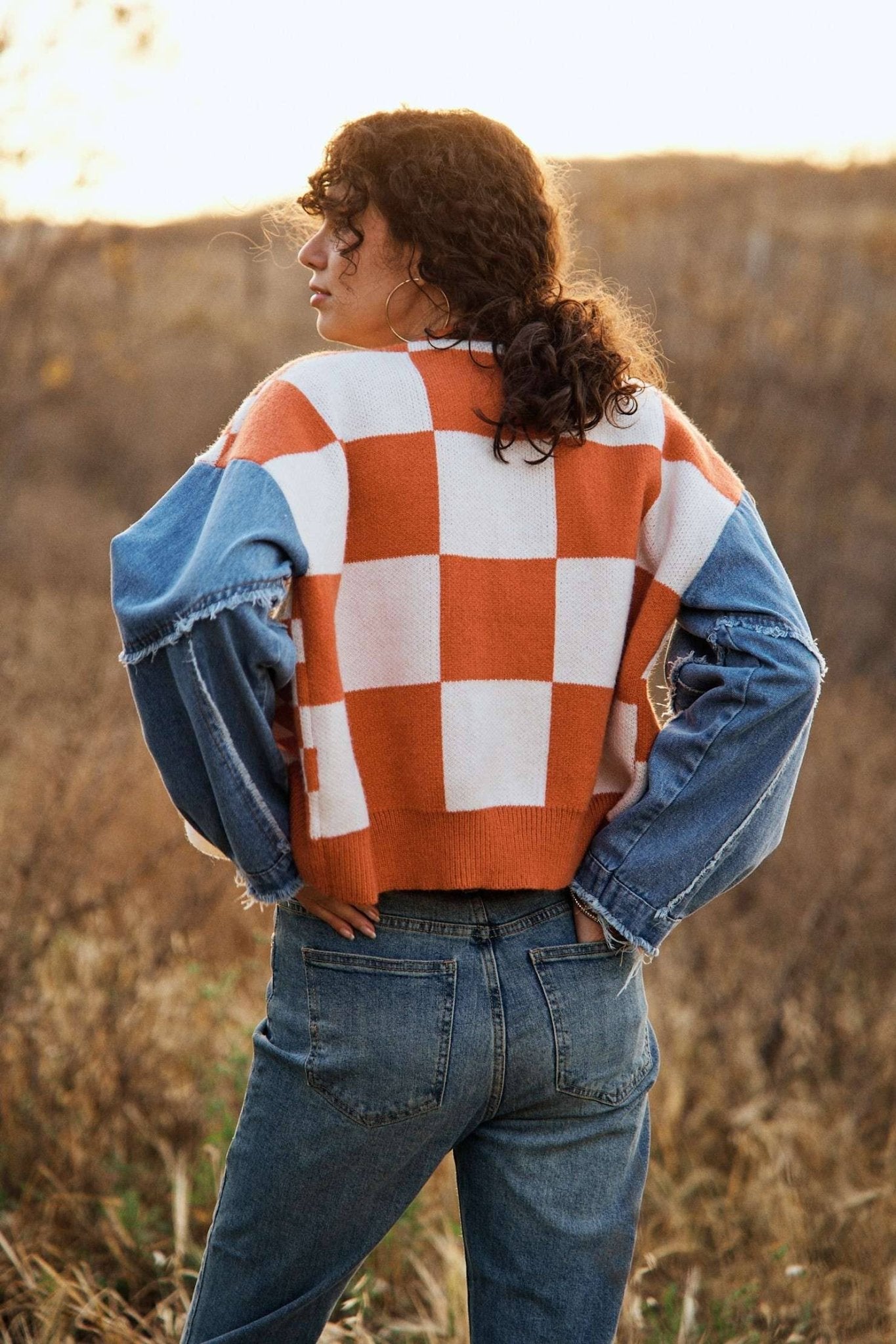 Checker Plaid Cardigan With Frayed Denim Sleeve - The Graphic Tee