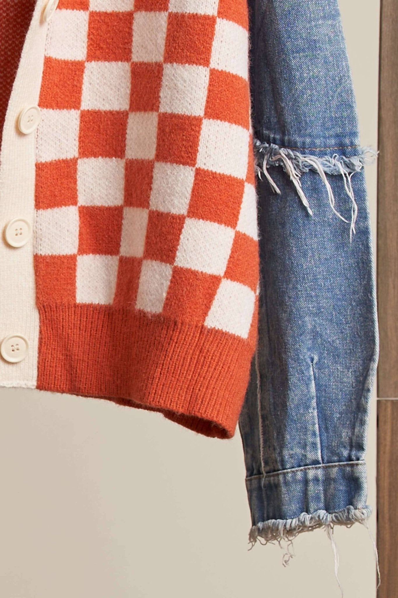 Checker Plaid Cardigan With Frayed Denim Sleeve - The Graphic Tee