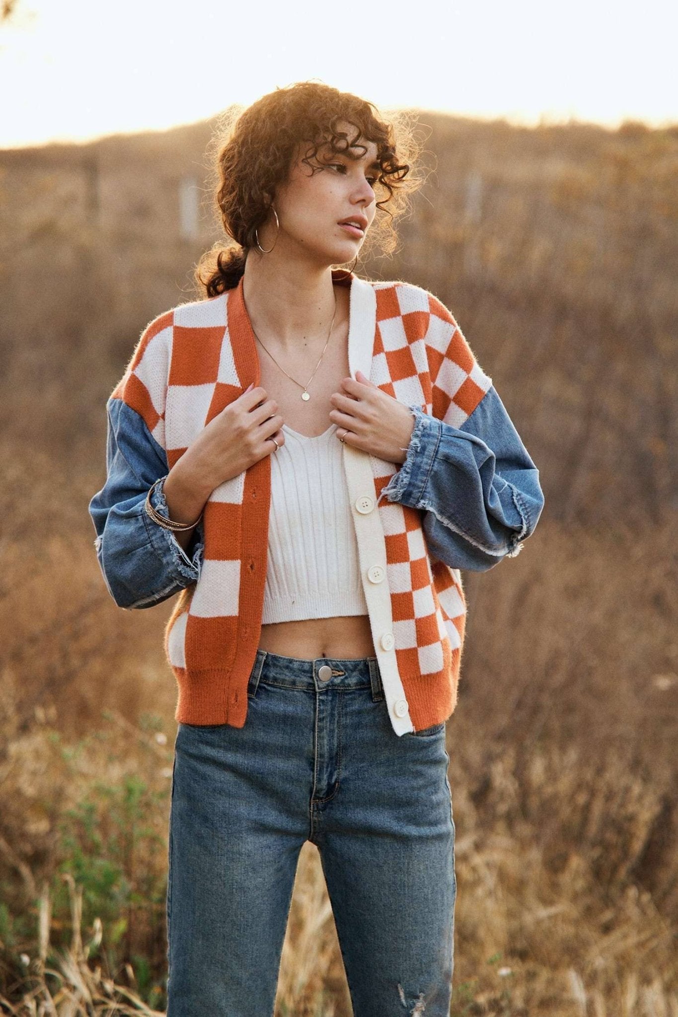 Checker Plaid Cardigan With Frayed Denim Sleeve - The Graphic Tee