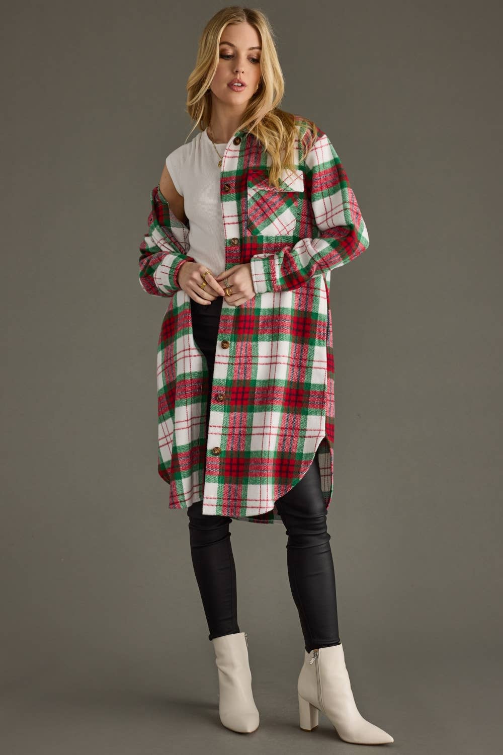 Holly Red, Green & White Long Plaid Shacket - The Graphic Tee