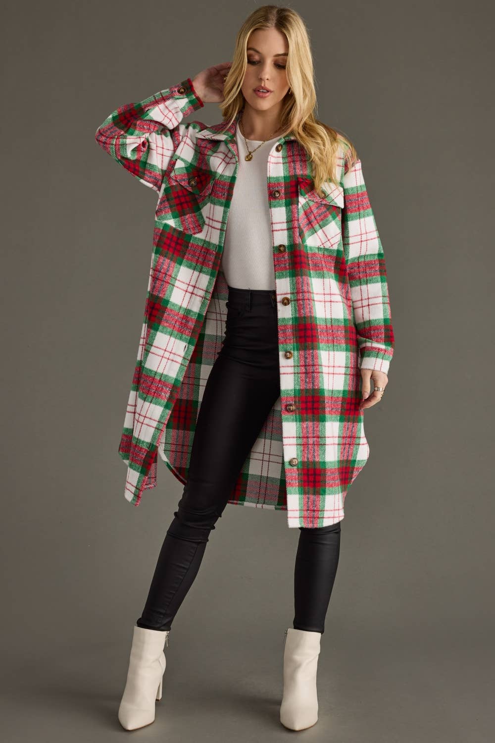 Holly Red, Green & White Long Plaid Shacket - The Graphic Tee