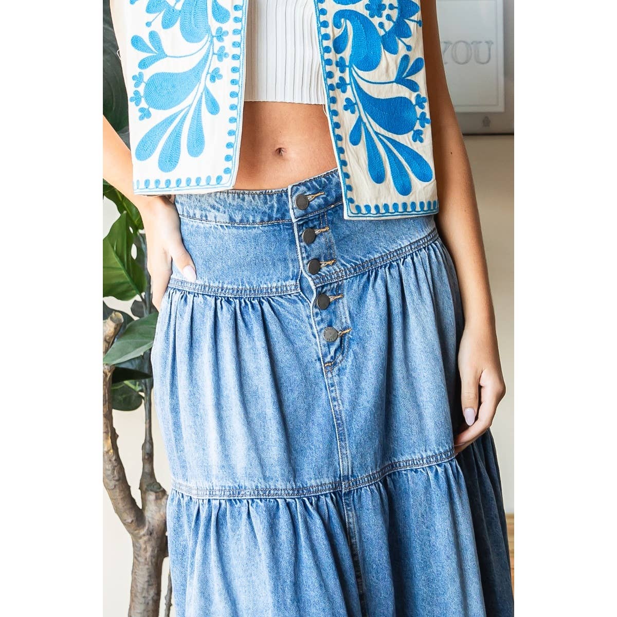 Jenna Front Button 3 tiered Denim Skirt - The Graphic Tee