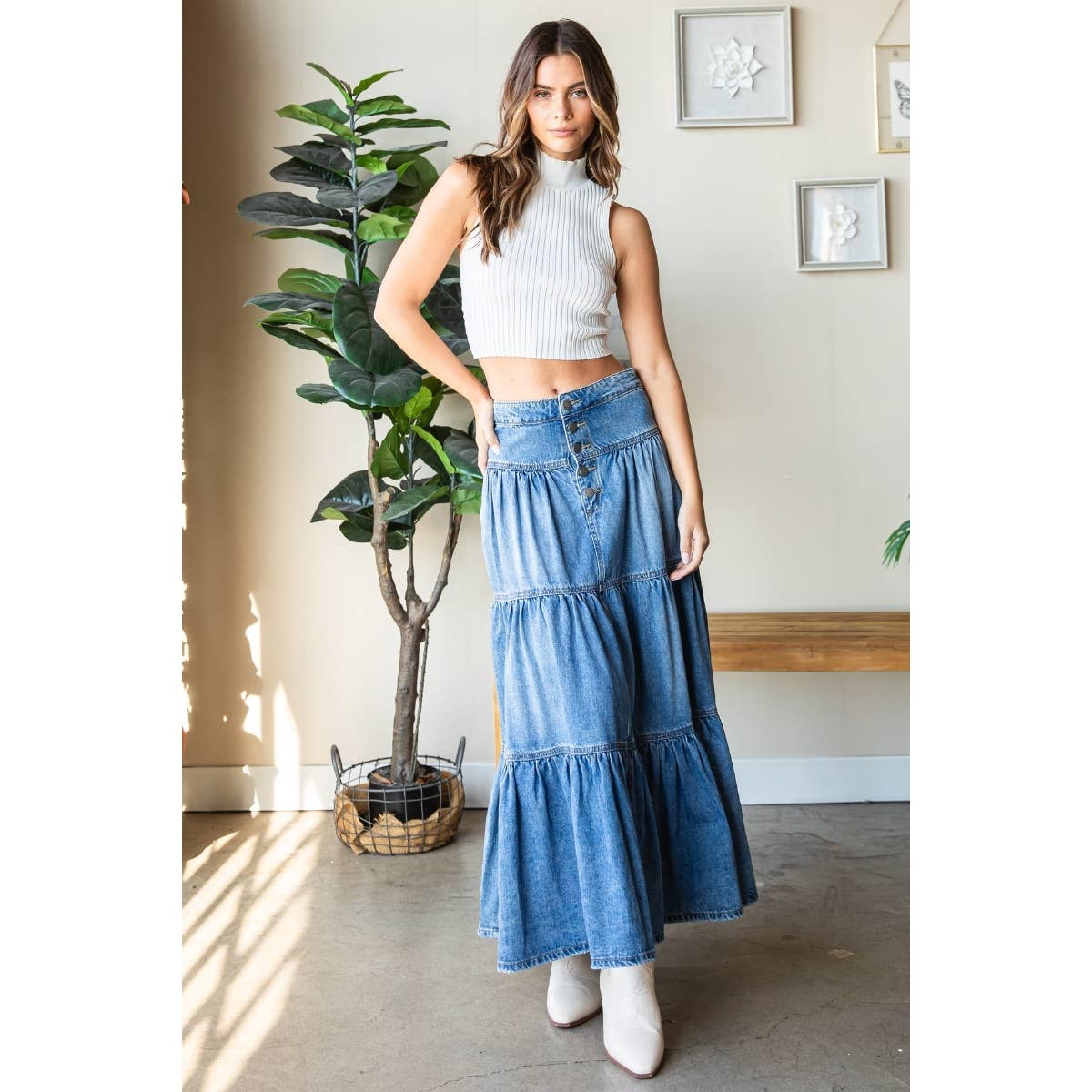 Jenna Front Button 3 tiered Denim Skirt - The Graphic Tee