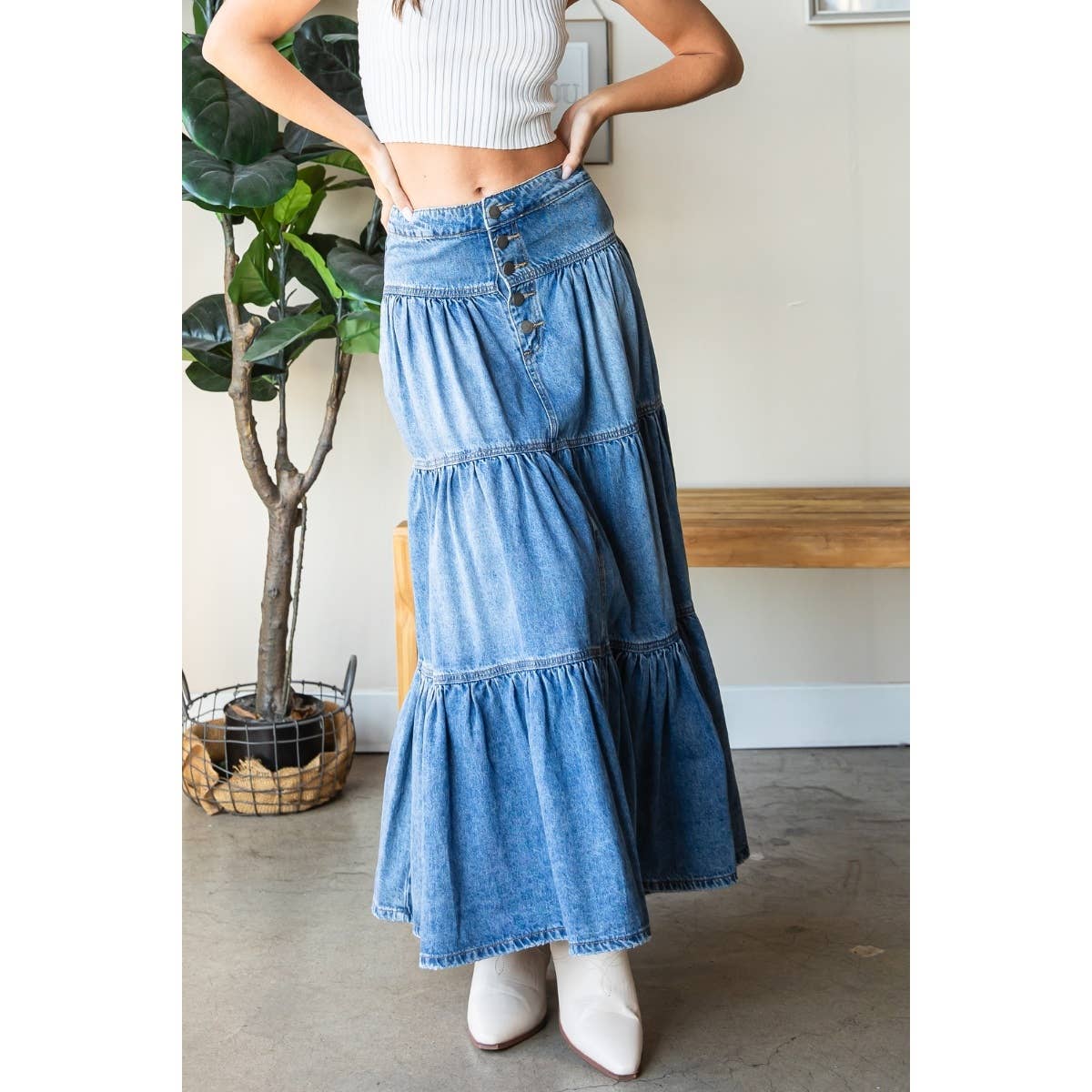 Jenna Front Button 3 tiered Denim Skirt - The Graphic Tee