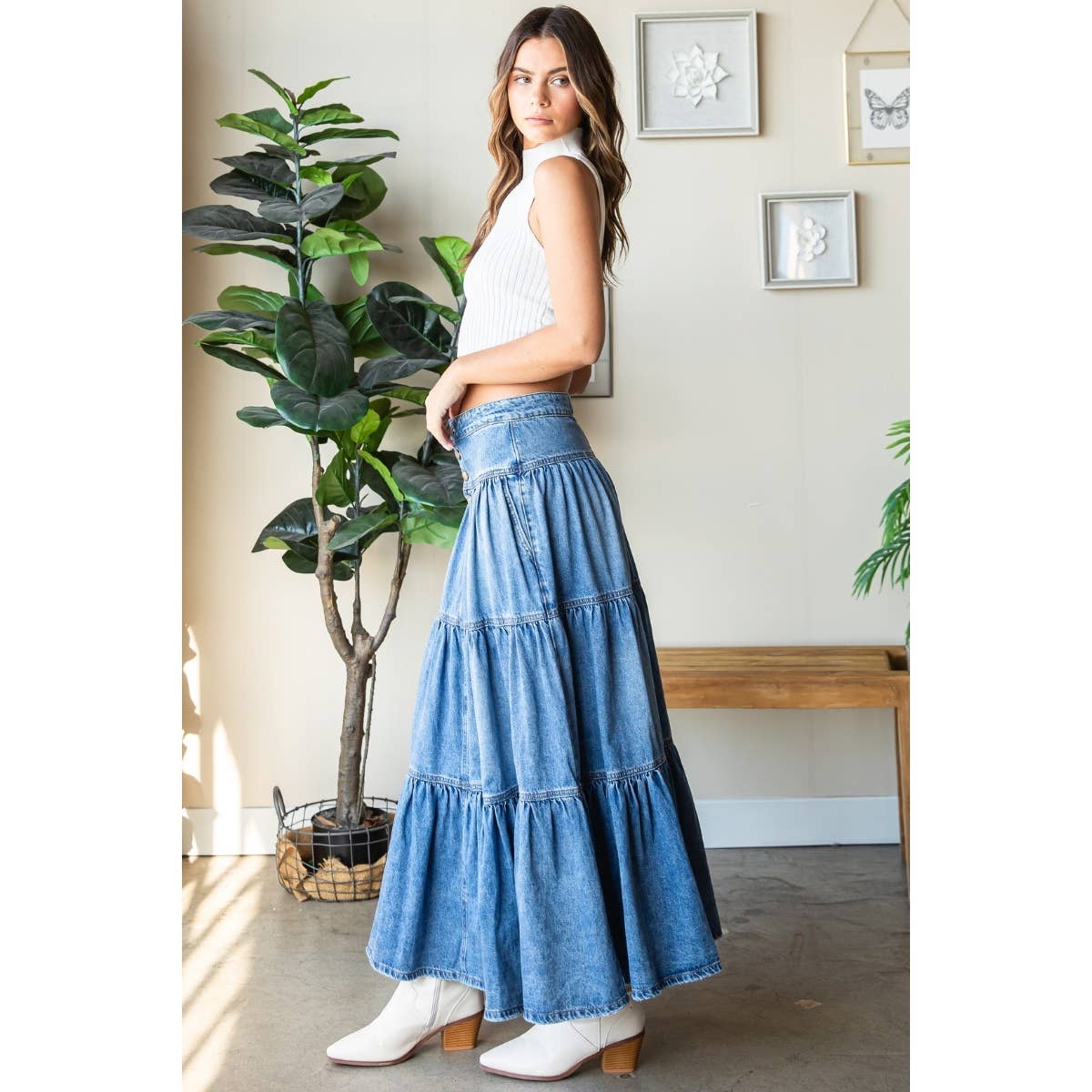 Jenna Front Button 3 tiered Denim Skirt - The Graphic Tee