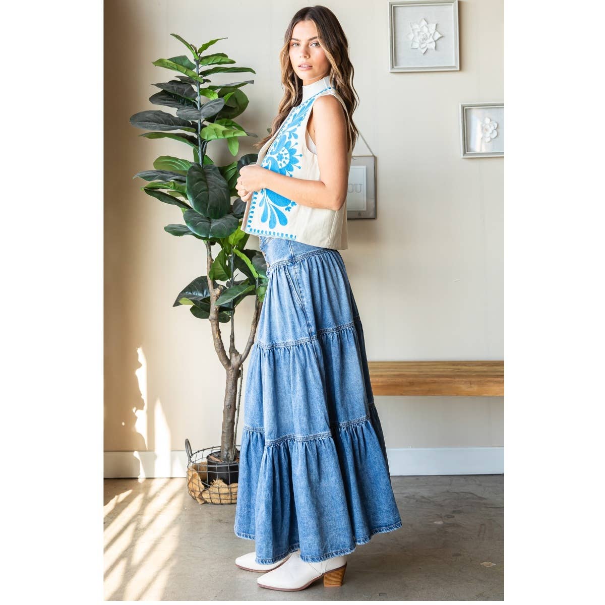 Jenna Front Button 3 tiered Denim Skirt - The Graphic Tee