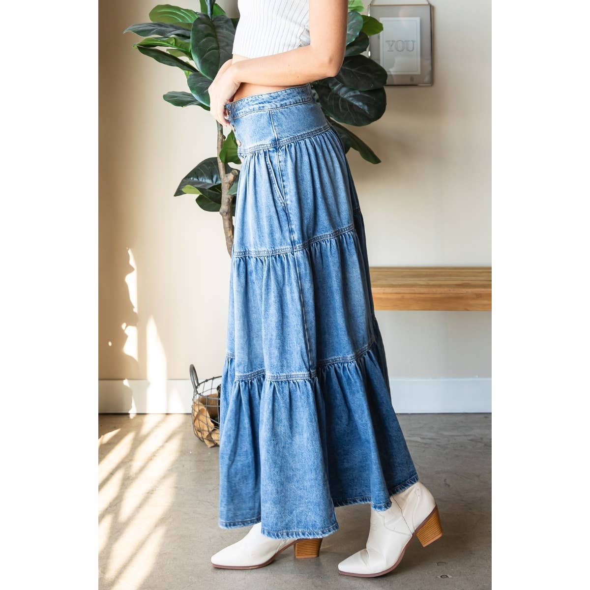 Jenna Front Button 3 tiered Denim Skirt - The Graphic Tee