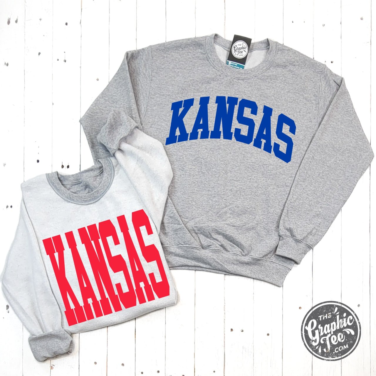 Kansas Blue and Red Print Reversible Sport Grey Crewneck Sweatshirt - The Graphic Tee