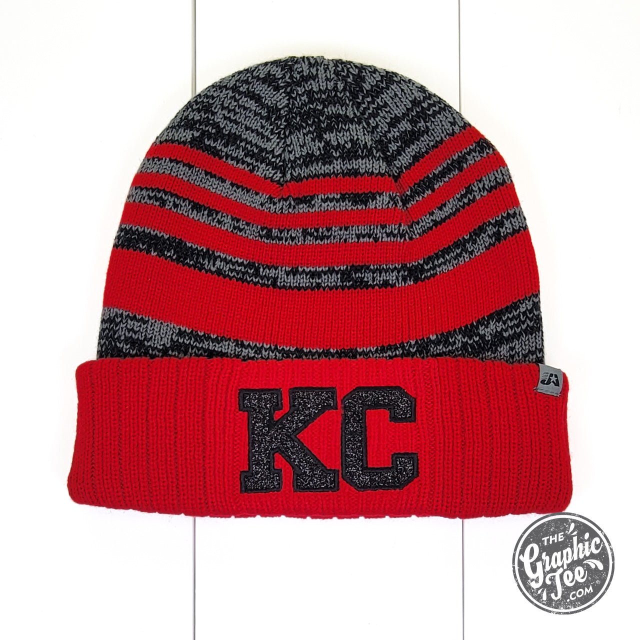 Kansas City KC Glitter Patch Red and Grey Stripe Cuffed Beanie - The Graphic Tee