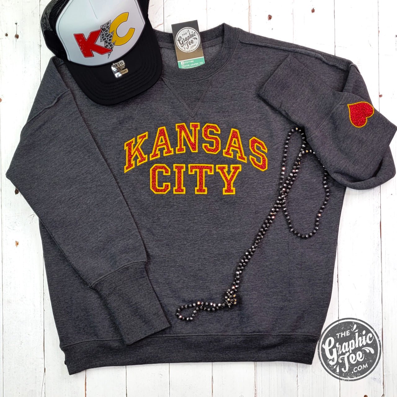 Kansas City Red & Gold Glitter Tackle Twill Ladies Drop Shoulder Sweatshirt - The Graphic Tee