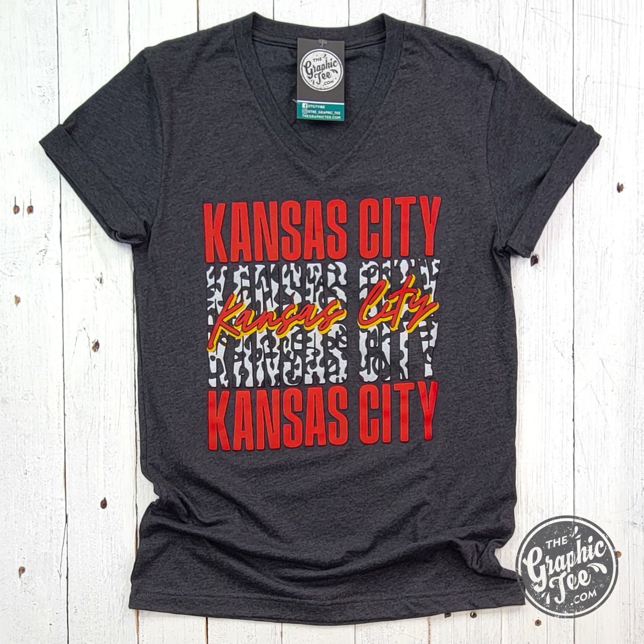 Kansas City Stacked With Leopard Dark Grey Heather V Neck Short Sleeve Tee - The Graphic Tee