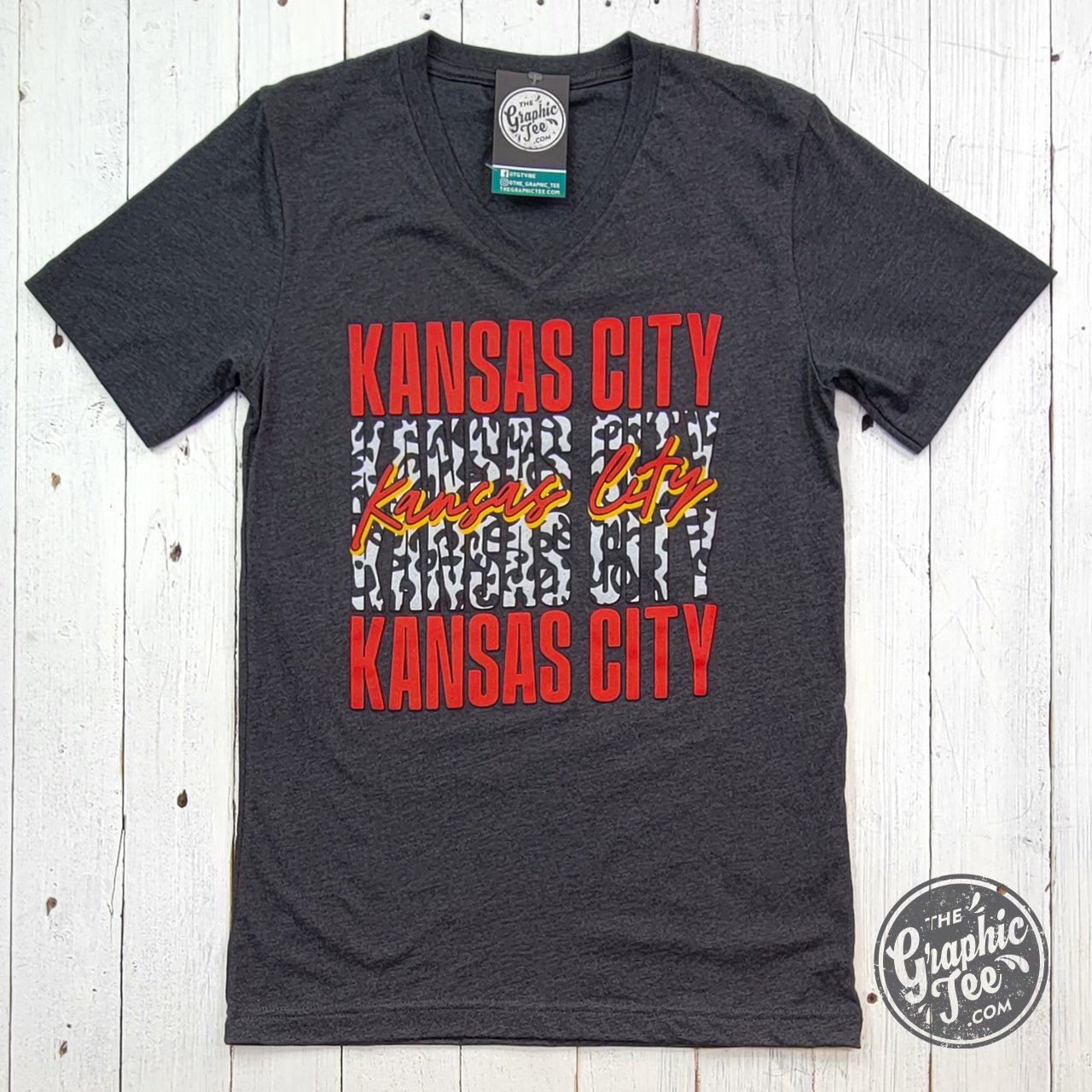 Kansas City Stacked With Leopard Dark Grey Heather V Neck Short Sleeve Tee - The Graphic Tee