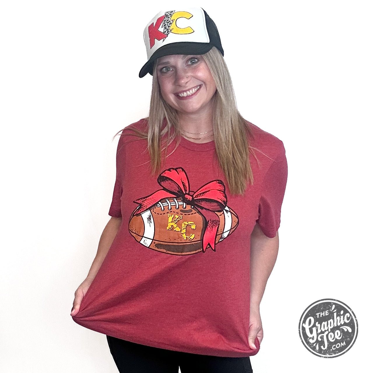 KC Football Bow Heather Cardinal Short Sleeve Crewneck Tee - The Graphic Tee