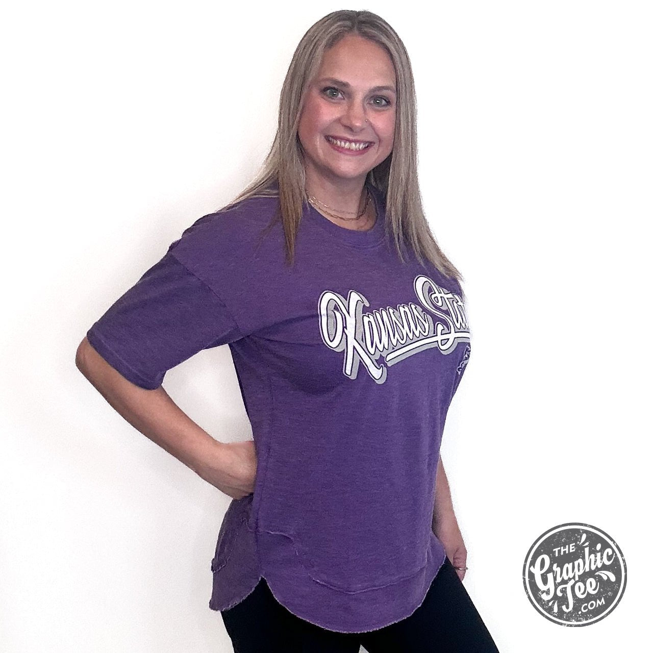 Kirstie Kansas State Short Sleeve Crew Neck Rounded Bottom Vintage Top Licensed Apparel - The Graphic Tee