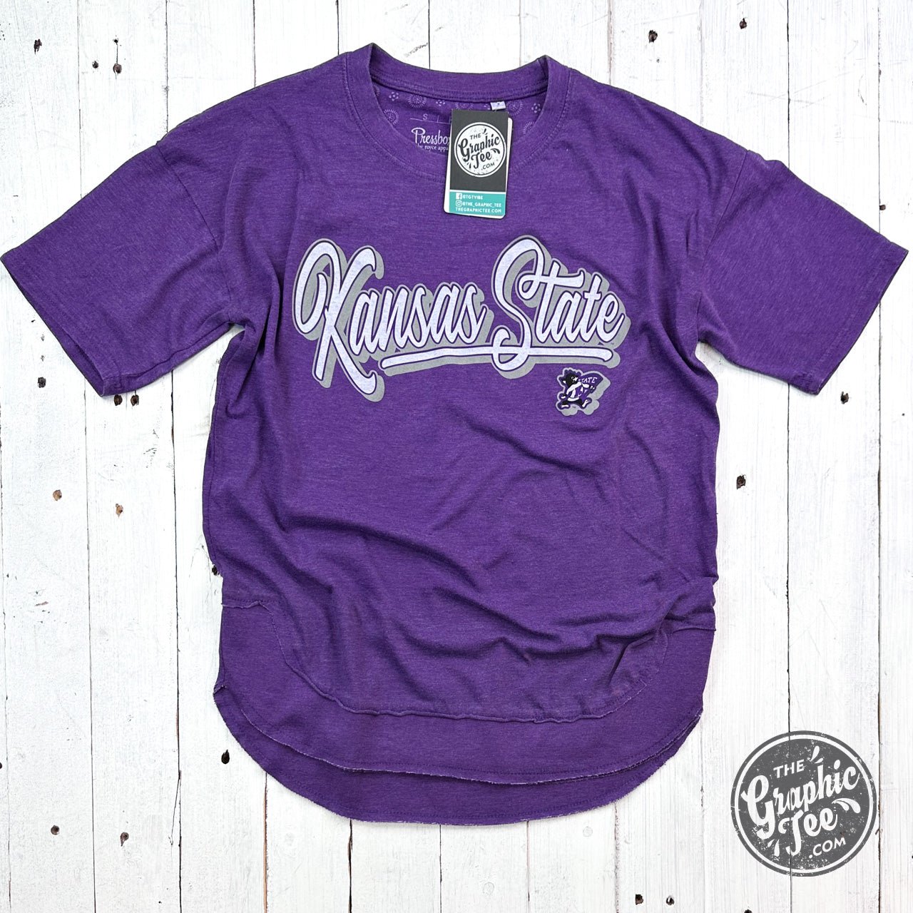Kirstie Kansas State Short Sleeve Crew Neck Rounded Bottom Vintage Top Licensed Apparel - The Graphic Tee