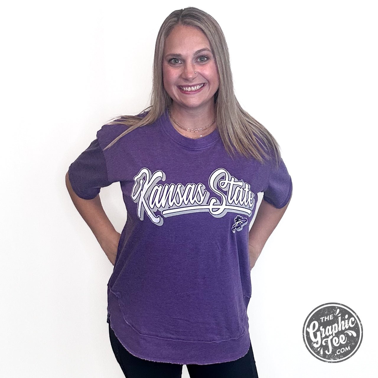 Kirstie Kansas State Short Sleeve Crew Neck Rounded Bottom Vintage Top Licensed Apparel - The Graphic Tee