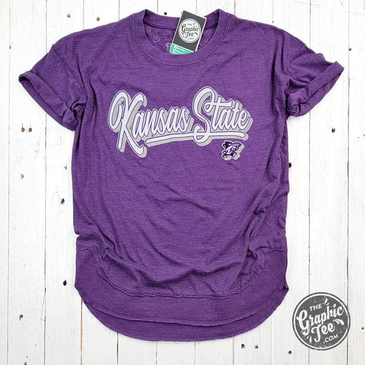 Kirstie Kansas State Short Sleeve Crew Neck Rounded Bottom Vintage Top Licensed Apparel - The Graphic Tee