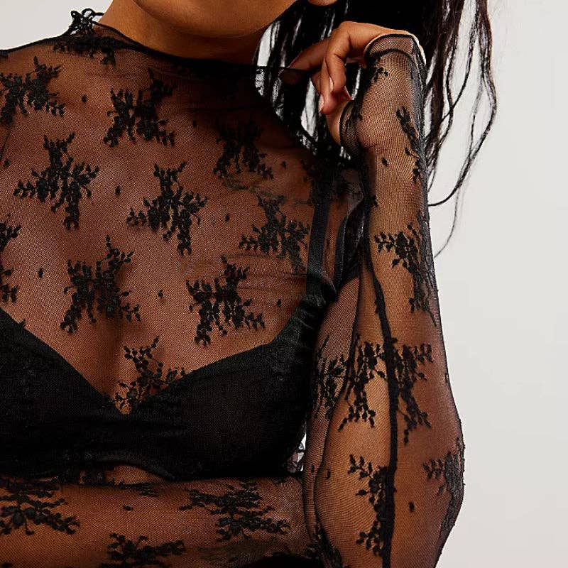 Lux Layering Floral Lace See Through Mesh Top Blouse - The Graphic Tee