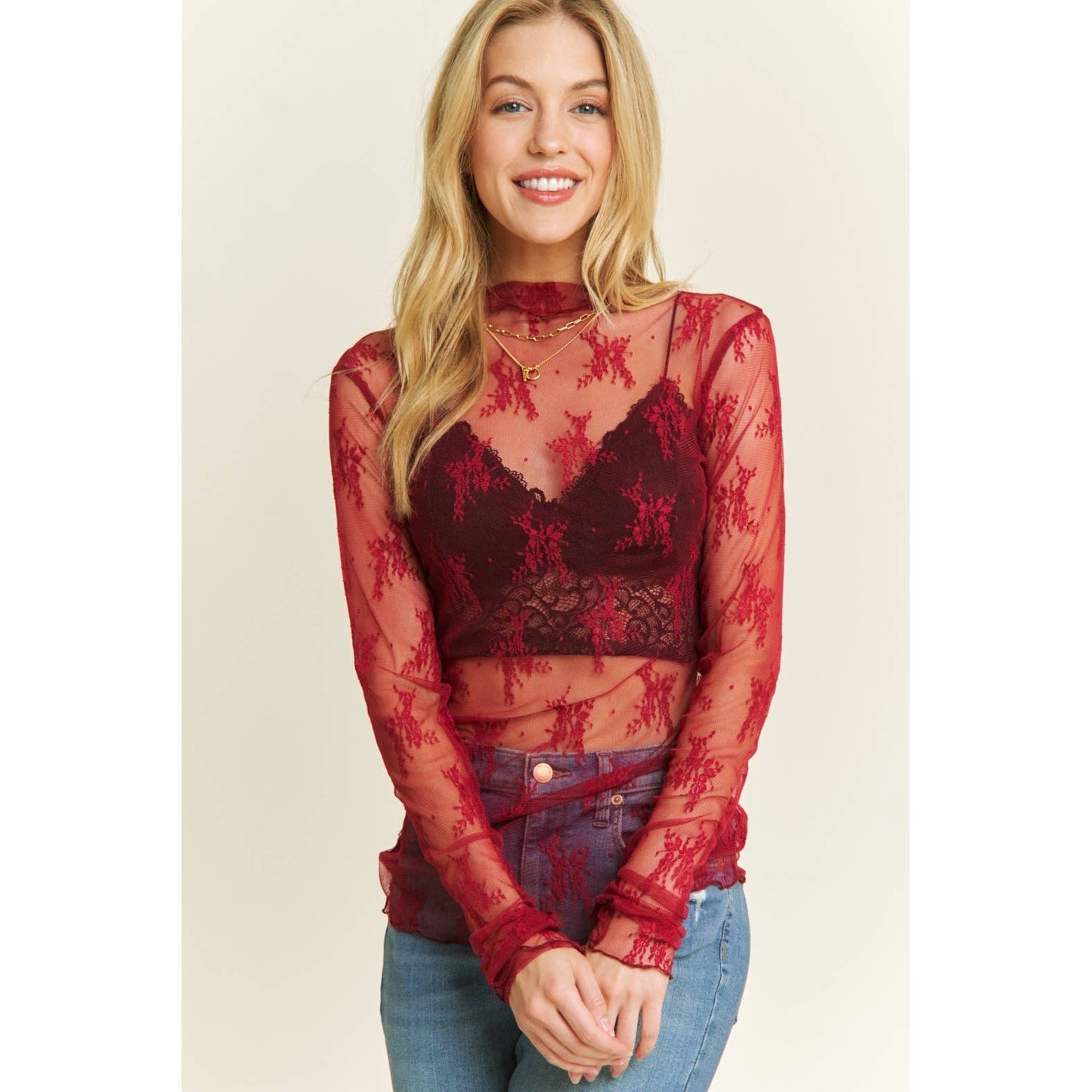 Lux Layering Floral Lace See Through Mesh Top Blouse - The Graphic Tee