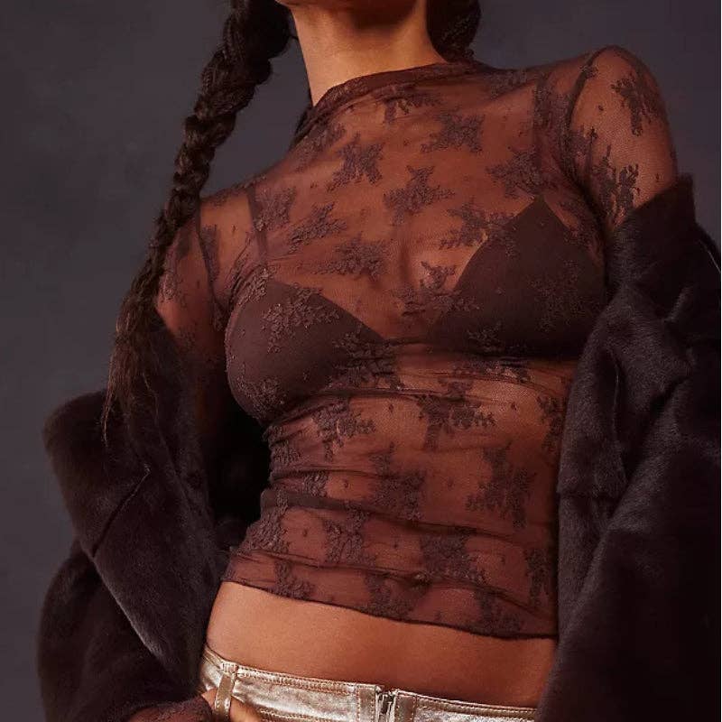 Lux Layering Floral Lace See Through Mesh Top Blouse - The Graphic Tee