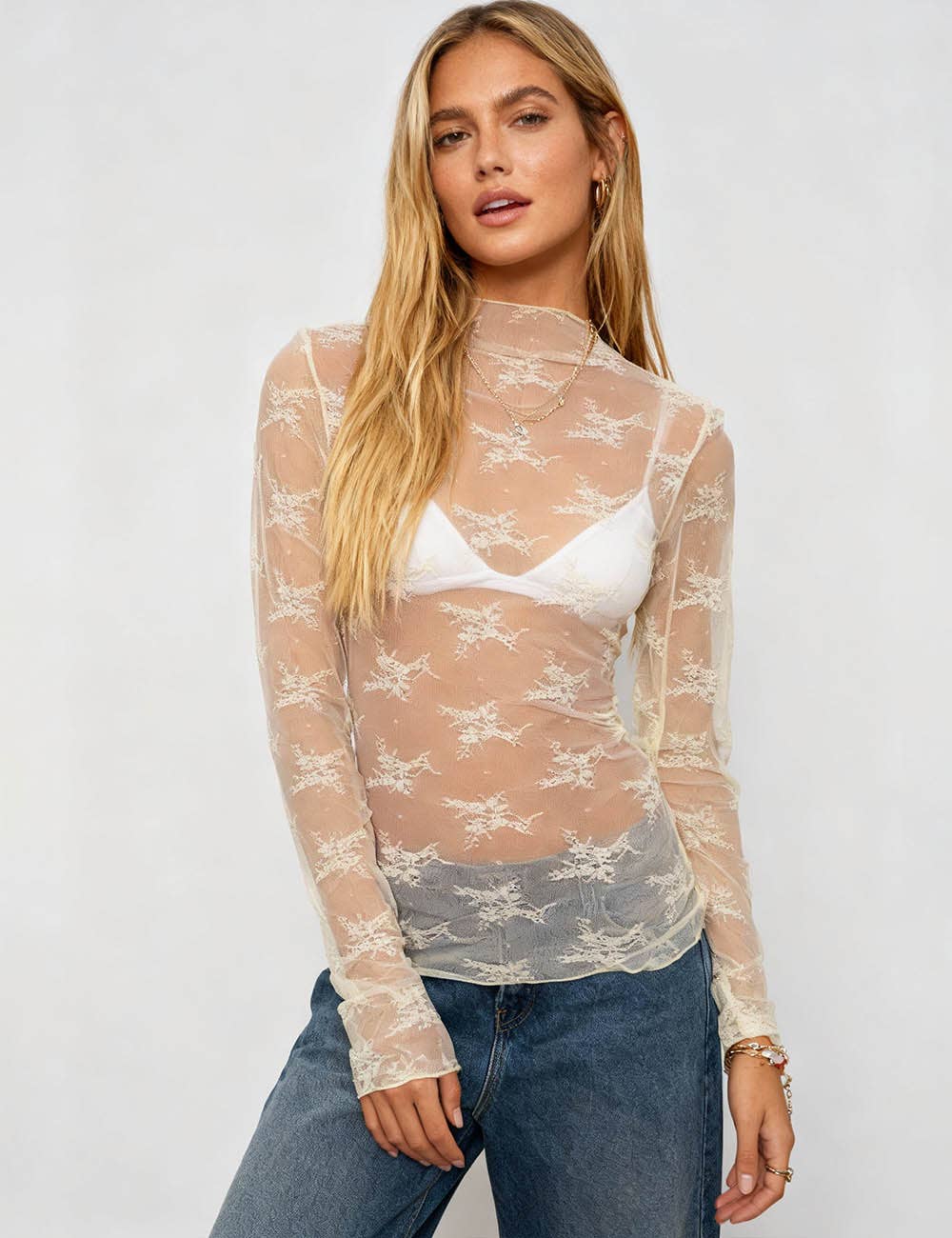 Lux Layering Floral Lace See Through Mesh Top Blouse - The Graphic Tee