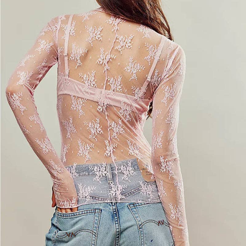 Lux Layering Floral Lace See Through Mesh Top Blouse - The Graphic Tee