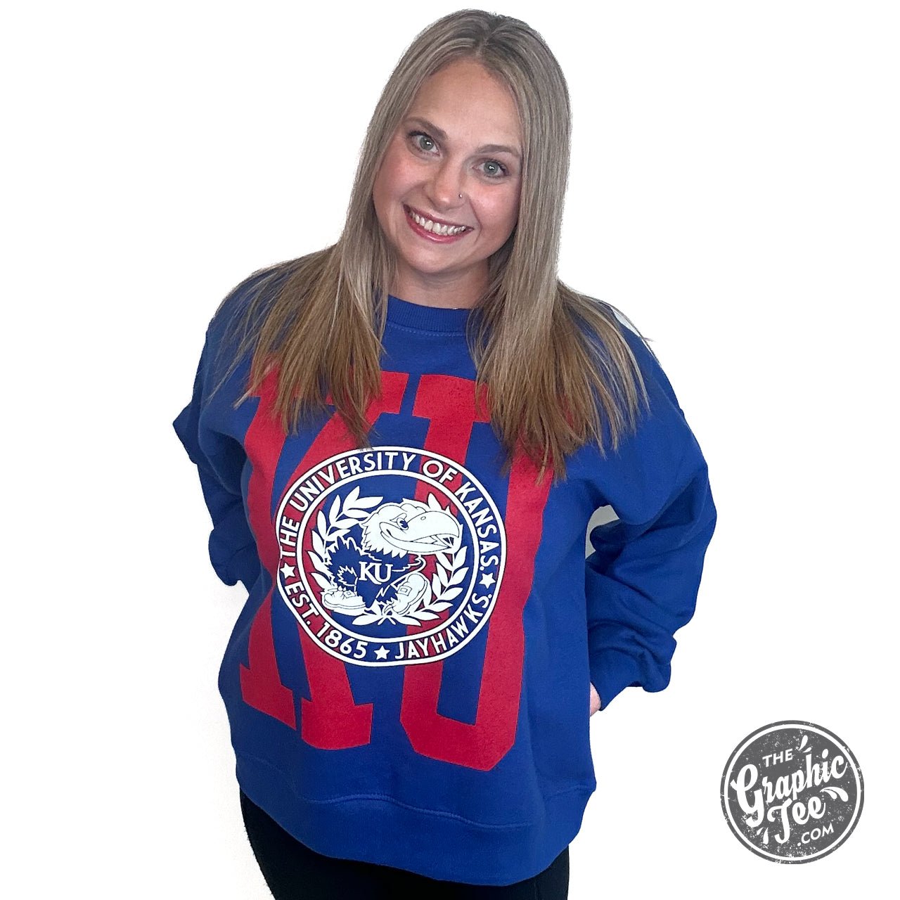 Mandy Kansas University Long Sleeve Crew Neck Blousant Oversized Fleece Licensed Apparel - The Graphic Tee
