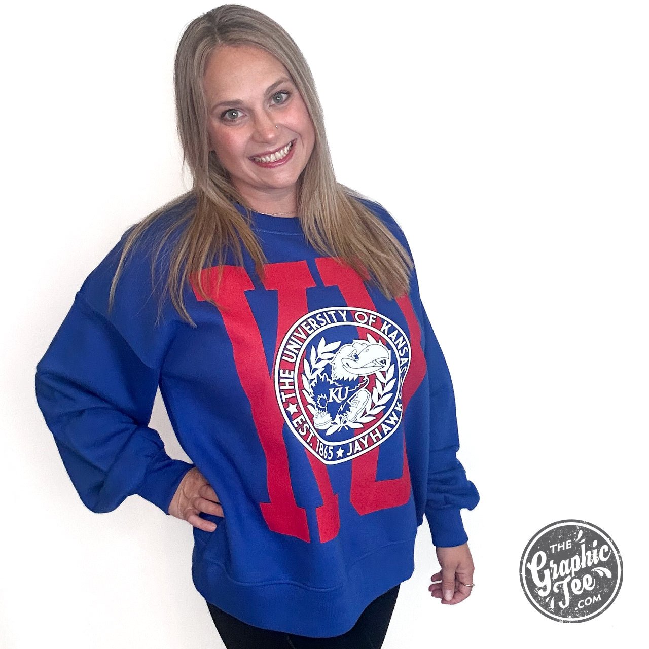 Mandy Kansas University Long Sleeve Crew Neck Blousant Oversized Fleece Licensed Apparel - The Graphic Tee
