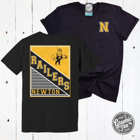 Newton Railers Rectangular With Railer Man Black V Neck Short Sleeve Tee - The Graphic Tee