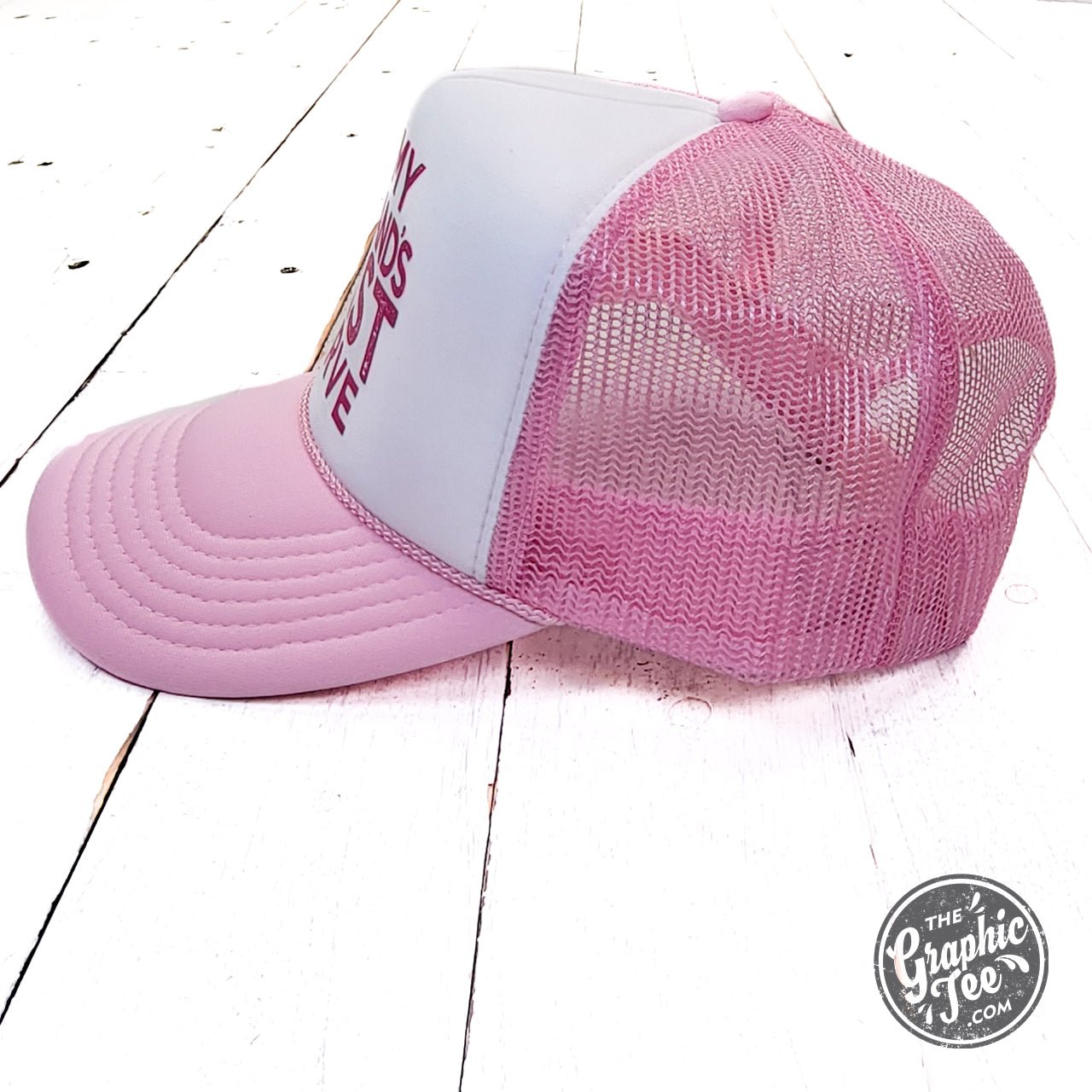 On My Husband's Last Nerve Pink and White Foam Trucker Cap - The Graphic Tee