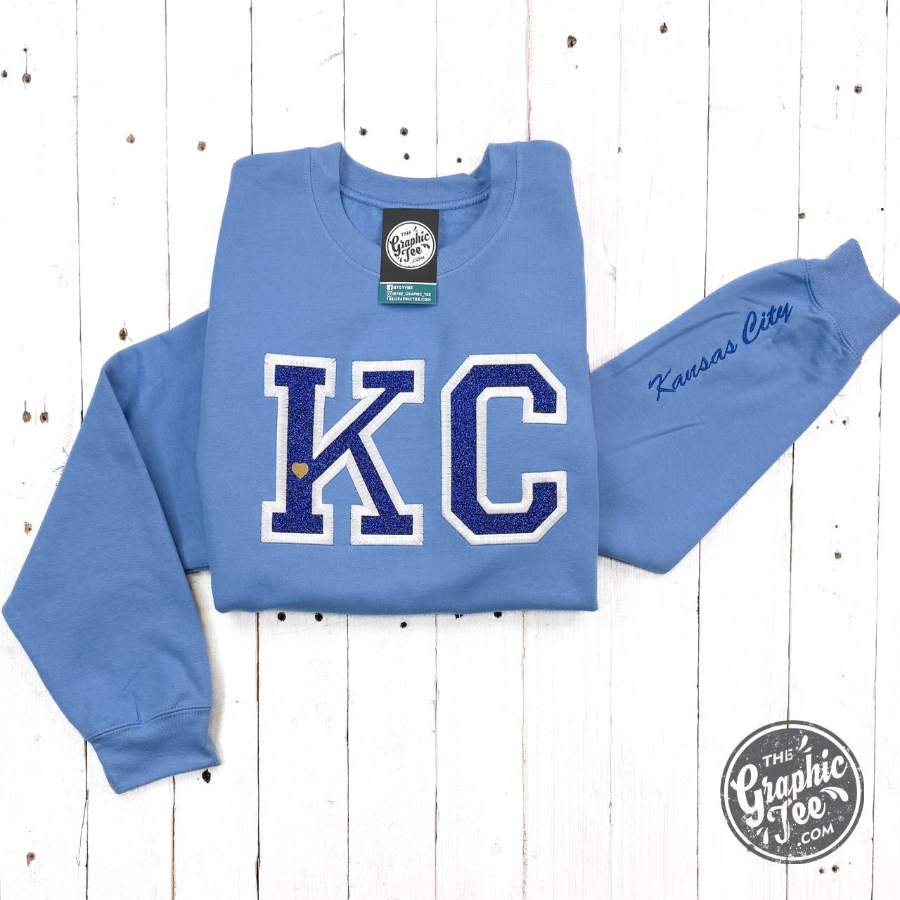 Powder Blue KC Glitter Applique Crewneck Sweatshirt - The Graphic Tee