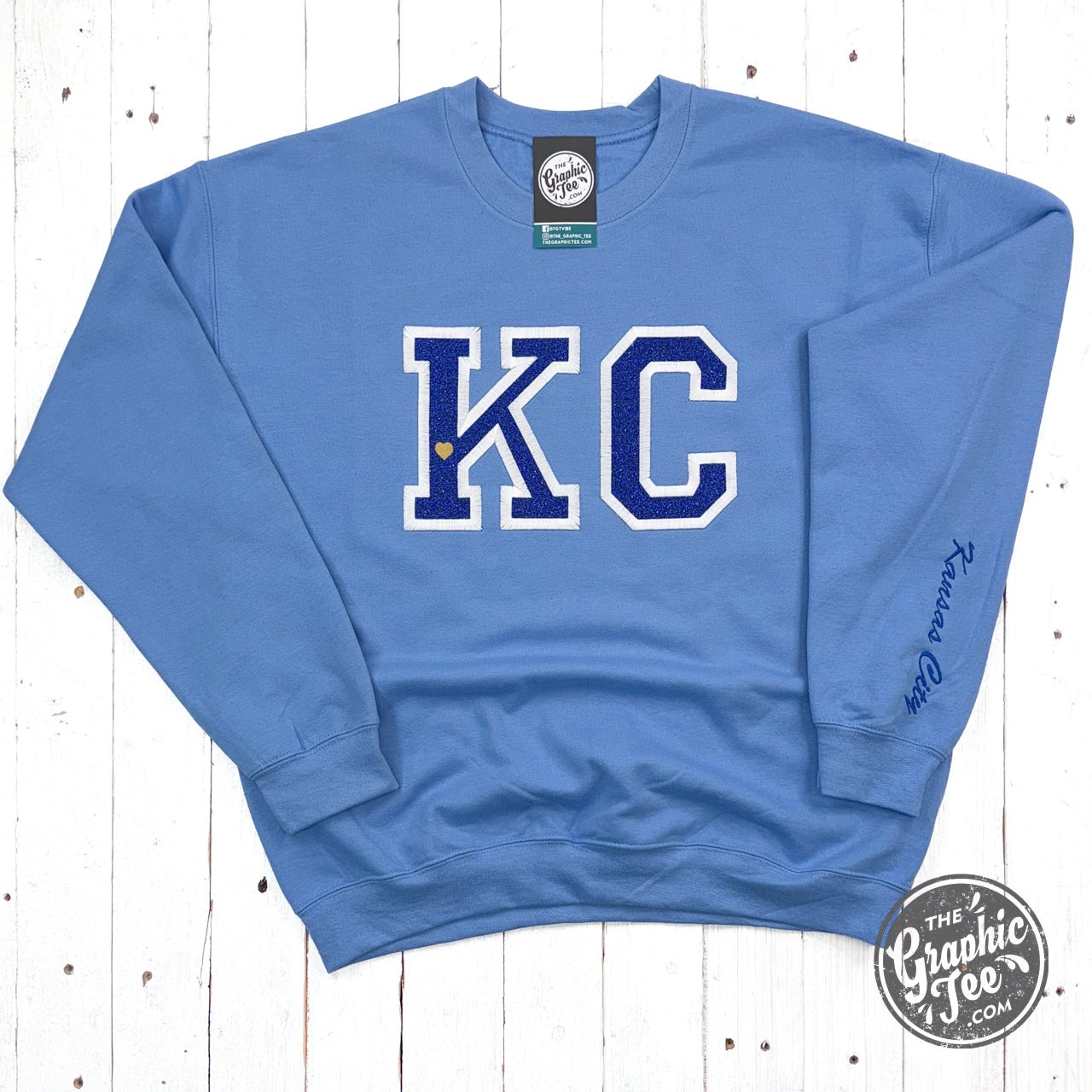 Powder Blue KC Glitter Applique Crewneck Sweatshirt - The Graphic Tee