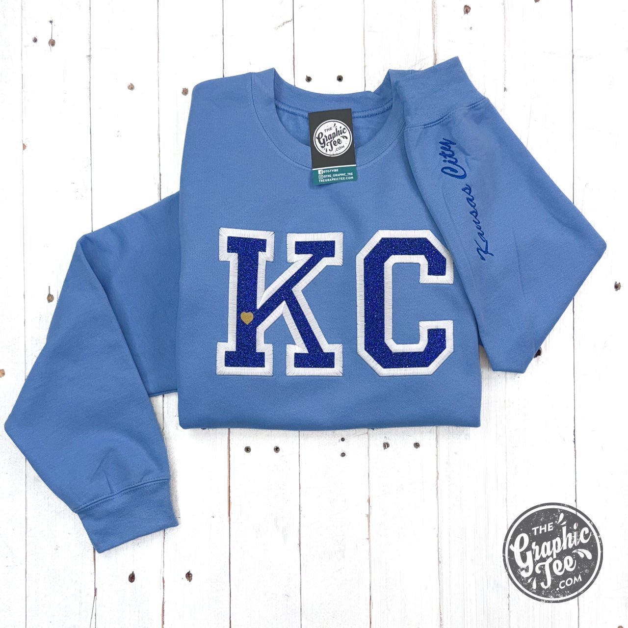 Powder Blue KC Glitter Applique Crewneck Sweatshirt - The Graphic Tee