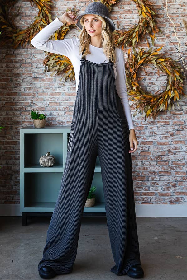 Rib Knit Wide Leg Adjustable Strap Overall Jumpsuit - The Graphic Tee