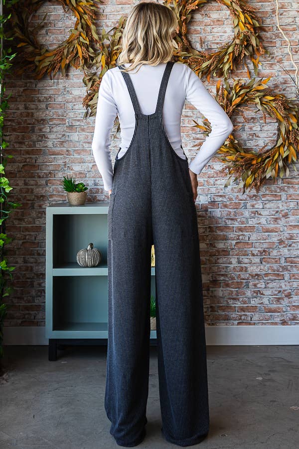 Rib Knit Wide Leg Adjustable Strap Overall Jumpsuit - The Graphic Tee