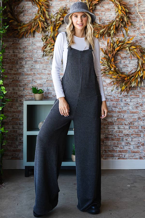 Rib Knit Wide Leg Adjustable Strap Overall Jumpsuit - The Graphic Tee