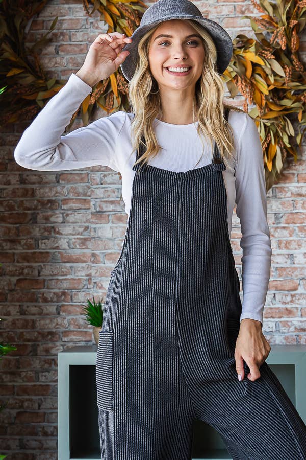 Rib Knit Wide Leg Adjustable Strap Overall Jumpsuit - The Graphic Tee