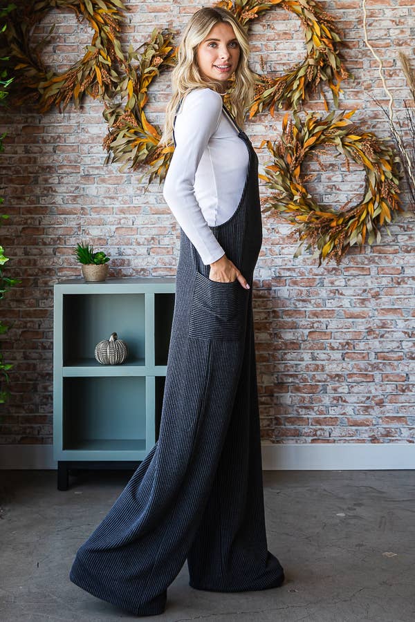 Rib Knit Wide Leg Adjustable Strap Overall Jumpsuit - The Graphic Tee