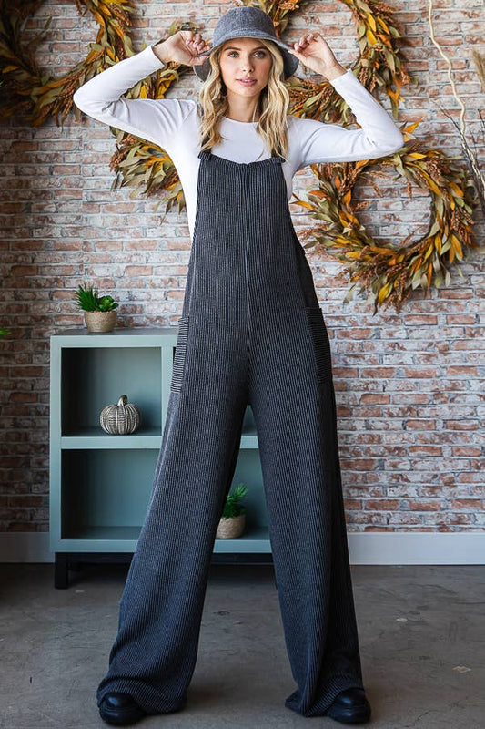 Rib Knit Wide Leg Adjustable Strap Overall Jumpsuit - The Graphic Tee