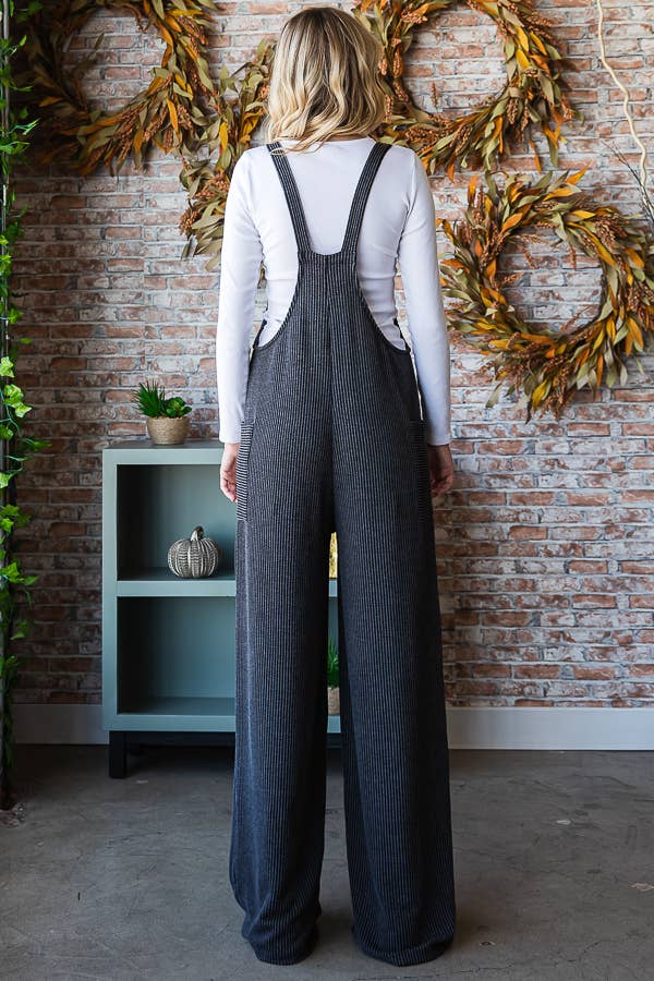 Rib Knit Wide Leg Adjustable Strap Overall Jumpsuit - The Graphic Tee
